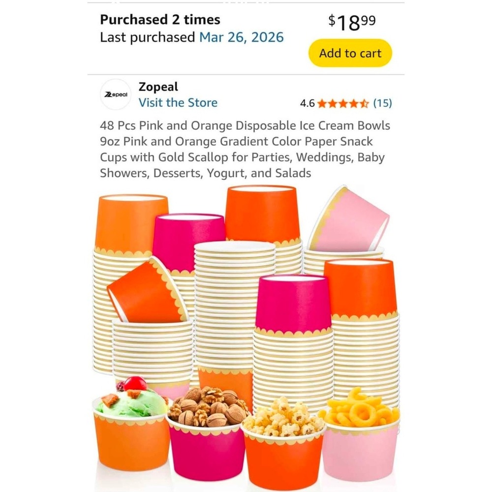 Zopeal 48 Pcs Pink Orange Gradient Disposable Ice Cream Bowls 9oz Scalloped Rim